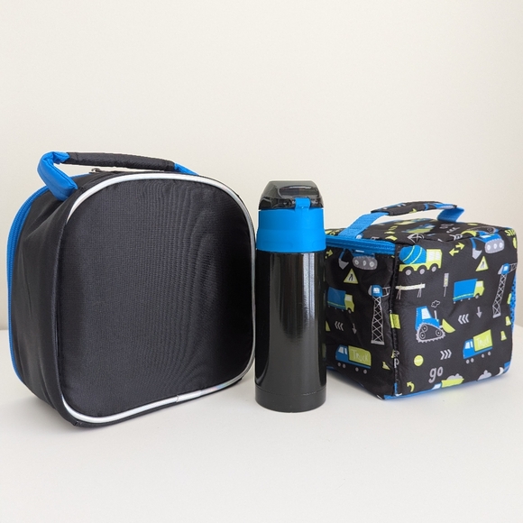 3 Pc Set Kids Boys Truck Digger Thermal lnsulated Bottle Lunch Bag Box School - Picture 2 of 6